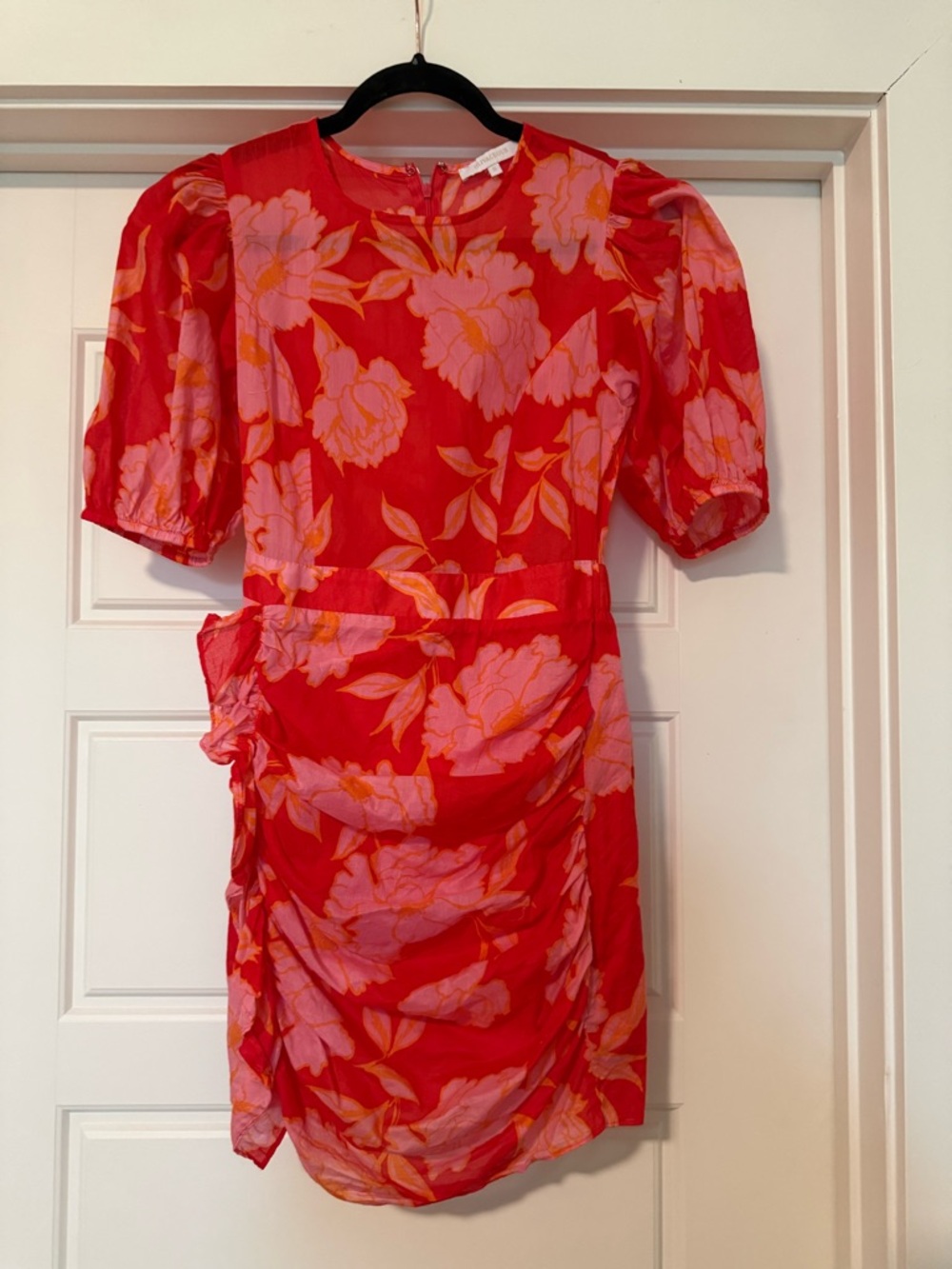 Olivaceous Red Floral Puff Sleeve Ruched Mini Dress